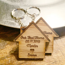 Load image into Gallery viewer, Set Of 2 Personalised Keyrings &#39;Our First home&#39;/&#39;Our New Home&#39;/‘Home Sweet Home’ Gift for Couples, Housewarming Present
