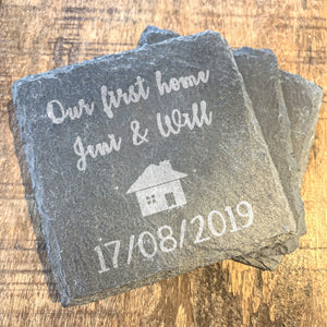 Set of 2 Our First Home Personalised Slate Coasters  With Names and Date/Couples Gift// Housewarming Gift/First Home Present