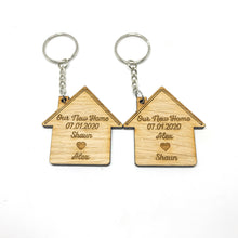 Load image into Gallery viewer, Set Of 2 Personalised Keyrings &#39;Our First home&#39;/&#39;Our New Home&#39;/‘Home Sweet Home’ Gift for Couples, Housewarming Present
