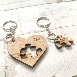 Personalised Heart and Jigsaw Piece Keyrings Set of 2