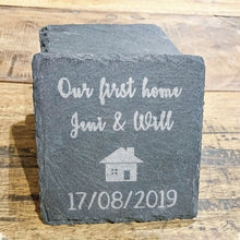 Load image into Gallery viewer, Set of 2 Our First Home Personalised Slate Coasters  With Names and Date/Couples Gift// Housewarming Gift/First Home Present
