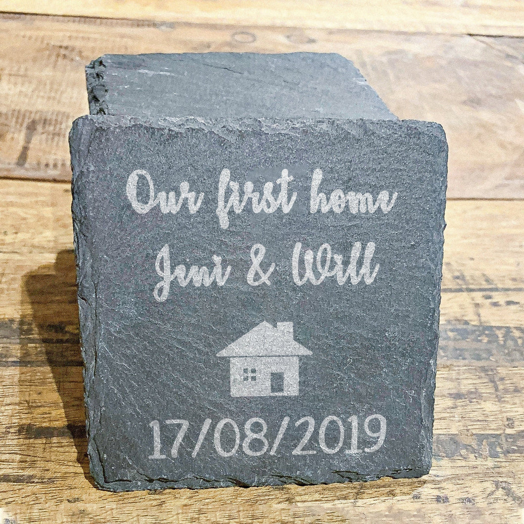 Set of 2 Our First Home Personalised Slate Coasters  With Names and Date/Couples Gift// Housewarming Gift/First Home Present