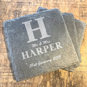 Mr and Mrs And Date Slate Coasters Set of 2