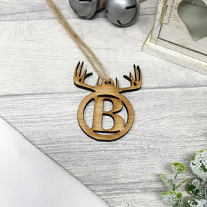 Wooden Antler Christmas Bauble With Initial