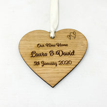 Load image into Gallery viewer, Our New Home/Our First Home Wooden Heart with Satin Ribbon Engraved With Names and Dates
