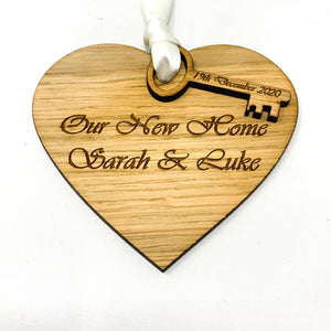 Our New Home/Our First Home Wooden Heart and Wooden Key with Satin Ribbon Engraved With Names and Dates