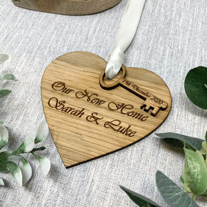 Our New Home/Our First Home Wooden Heart and Wooden Key with Satin Ribbon Engraved With Names and Dates