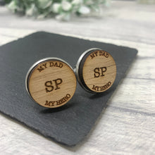 Load image into Gallery viewer, My Dad My Hero Personalised Wooden Cufflinks Engraved with Initials
