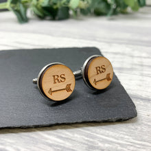 Load image into Gallery viewer, Personalised Arrow Wooden Cufflinks Engraved with Initials
