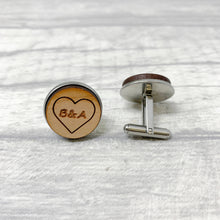 Load image into Gallery viewer, Personalised Heart Wooden Cufflinks Engraved with Initials
