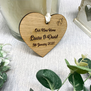 Our New Home/Our First Home Wooden Heart with Satin Ribbon Engraved With Names and Dates