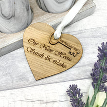 Load image into Gallery viewer, Our New Home/Our First Home Wooden Heart and Wooden Key with Satin Ribbon Engraved With Names and Dates
