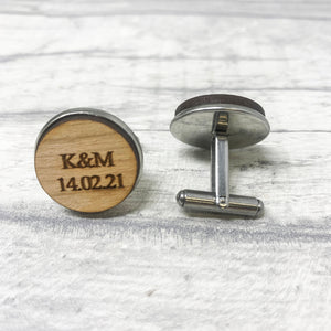 Personalised Wooden Cufflinks Engraved with Initials and Date