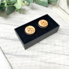 Load image into Gallery viewer, Personalised Football Wooden Cufflinks Engraved with Initials and date
