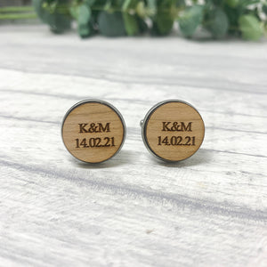 Personalised Wooden Cufflinks Engraved with Initials and Date