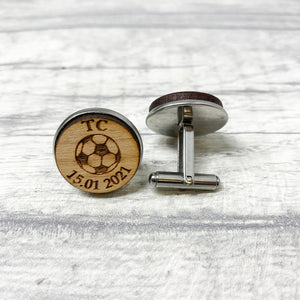 Personalised Football Wooden Cufflinks Engraved with Initials and date