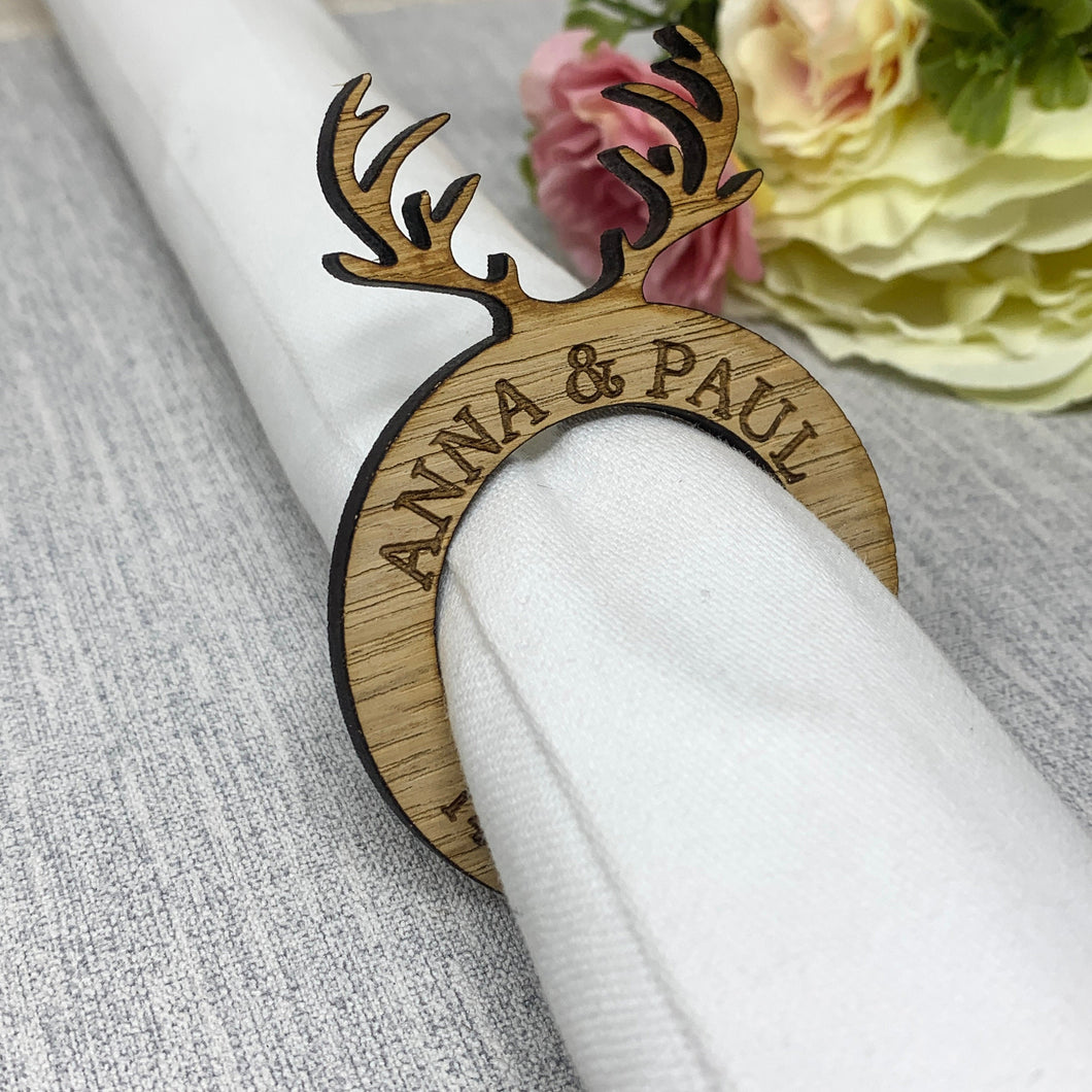 Personalised Wedding/Party Antler Napkin Rings  Place Settings Table Decorations With Names and Date