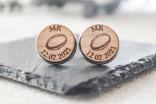 Load image into Gallery viewer, Rugby Ball and Date Personalised Wooden Cufflinks Engraved with Initials/Valentines Gift/Birthday Present/Father&#39;s Day
