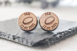 Rugby Ball and Date Personalised Wooden Cufflinks Engraved with Initials/Valentines Gift/Birthday Present/Father&#39;s Day