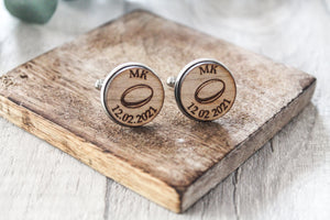 Rugby Ball and Date Personalised Wooden Cufflinks Engraved with Initials/Valentines Gift/Birthday Present/Father&#39;s Day
