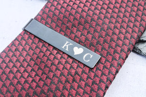 Personalised Tie Clip Initials and Heart - Available in Silver and Black - Stainless Steel/Gift for Boyfriend or Husband/Wedding Tie