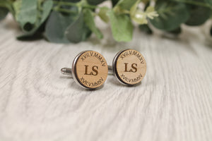 Personalised Wooden Cufflinks Initials and Date in Roman Numerals