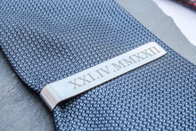 Load image into Gallery viewer, Personalised Tie Clip Roman Numerals and Custom Message - Stainless Steel/Gift for Boyfriend or Husband/Valentines Gift/Wedding Tie
