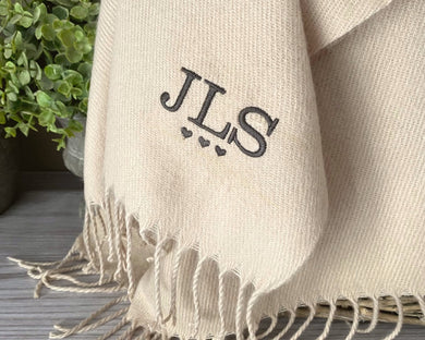 Embroidered Scarf Personalised with Initials and Hearts - Custom Made Gift Birthday Mothers Day Christmas Womens Mens