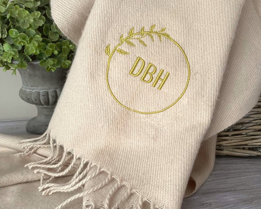 Custom Embroidered Scarf - Personalised with initials in a leaf border - Gift for her Mother's Day Birthday Christmas