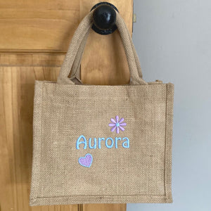 Embroidered Name Jute Bag - Flowers and Name - Personalised Lunch Bag - Shopping Tote Bag