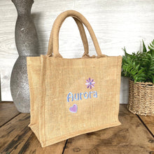 Load image into Gallery viewer, Embroidered Name Jute Bag - Flowers and Name - Personalised Lunch Bag - Shopping Tote Bag
