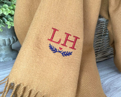 Scarf embroidered with initials and laurel heart detail - Women's Men's Personalised Scarf Gift