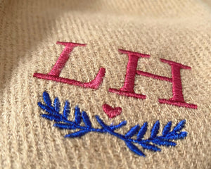 Scarf embroidered with initials and laurel heart detail - Women's Men's Personalised Scarf Gift
