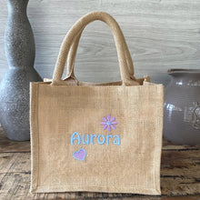 Load image into Gallery viewer, Embroidered Name Jute Bag - Flowers and Name - Personalised Lunch Bag - Shopping Tote Bag
