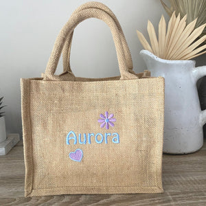 Embroidered Name Jute Bag - Flowers and Name - Personalised Lunch Bag - Shopping Tote Bag