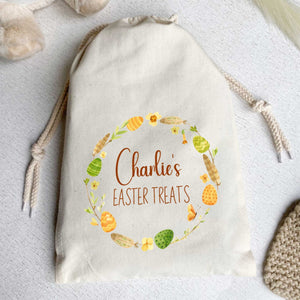 Easter Treat Stuff Bag - Personalised with Custom Name - Spring Easter Wreath Egg Hunt Gift Bag